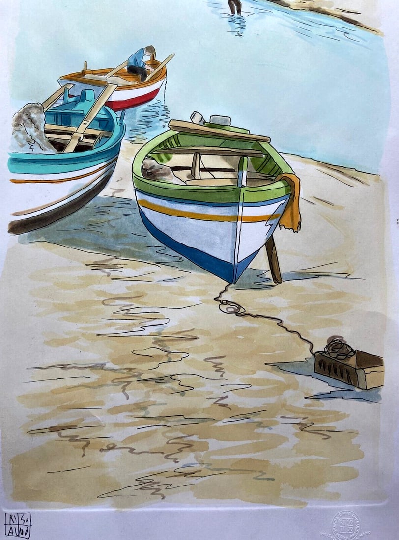 Aldo Riso ''Porticciolo'' Painted 35x100 Authenticated Stamped (1 of 7)