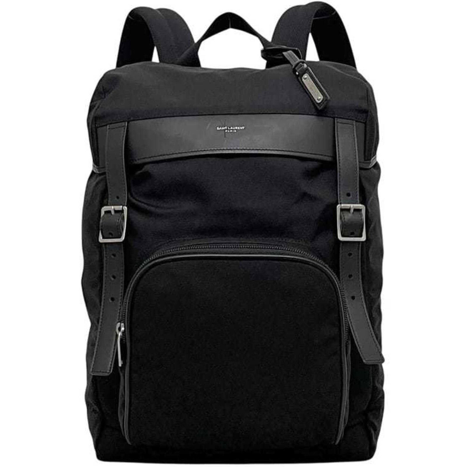 Canvas leather backpack by Saint Laurent: Canvas leather backpack by Saint Laurent Elevate your daily routine with the timeless Saint Laurent canvas leather backpack, boasting a sleek black design that exudes sophistication. Crafted from high