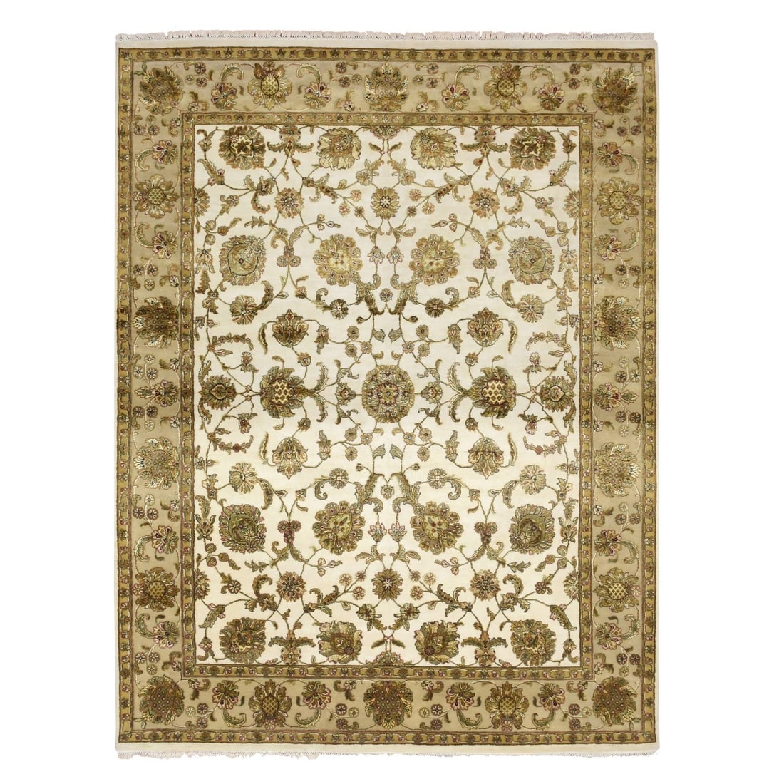 7'8"x10' White Rajasthan with Leaf Design Wool and Silk Hand Knotted Rug: 7'8"x10' White Rajasthan with Leaf Design Wool and Silk Hand Knotted Rug Experience the timeless elegance of India's rich cultural heritage with this stunning 7'8"x10' White Rajasthan hand-knotted woo