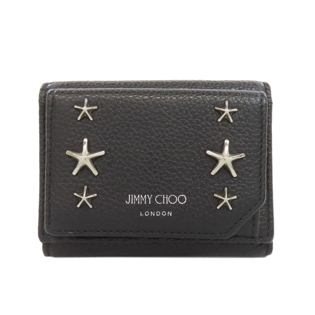 Jimmy Choo Wallet with Coin Pocket Bifold Compact Motif Star: Jimmy Choo Wallet with Coin Pocket Bifold Compact Motif Star Elevate your everyday style with the Jimmy Choo Wallet, boasting a sleek black leather design and classic bifold silhouette. The coin