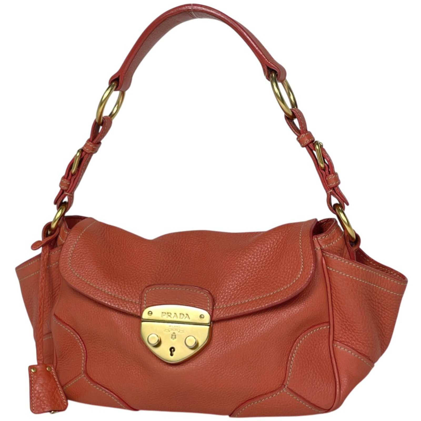 Prada leather shoulder bag: Prada leather shoulder bag A vibrant orange Prada leather shoulder bag, perfect for adding a pop of color to your daily routine, boasts premium quality and timeless design. With its classic shape and