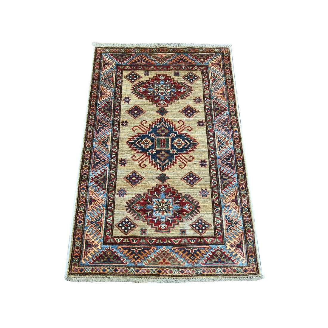 2'6"x4' Brown Afghan Super Kazak Medallions Design Hand Knotted Soft Wool: 2'6"x4' Brown Afghan Super Kazak Medallions Design Hand Knotted Soft Wool Experience the rich cultural heritage of Afghanistan with this stunning 2'6"x4' hand-knotted wool Afghan Super Kazak