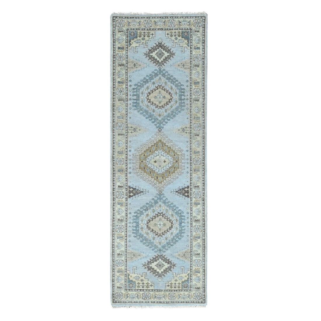 2'7"x7'10" Gray Geometric Medallions Design Hand Knotted Wool Runner Rug: 2'7"x7'10" Gray Geometric Medallions Design Hand Knotted Wool Runner Rug Experience the rich cultural heritage of India with this stunning, hand-knotted wool runner rug, expertly woven in a striking