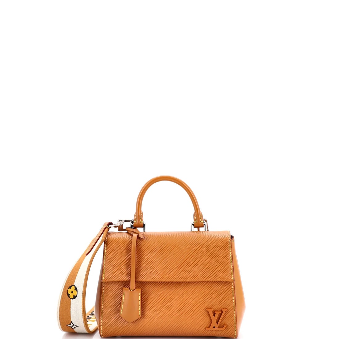 Louis Vuitton Epi leather bag with mini top handle.: Louis Vuitton Epi leather bag with mini top handle. A stylish mini bag from the iconic Louis Vuitton Epi collection, boasting sleek brown leather and a chic top handle design. The Cluny Top Handle