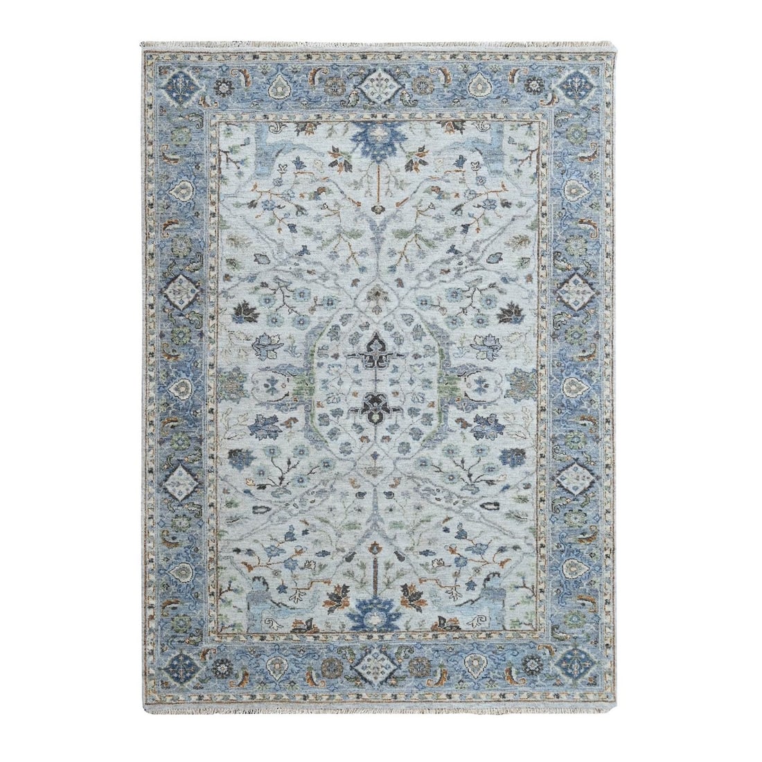 Pure Wool Hand Knotted Oushak Rug 5'x7' Gray with Floral Motifs: Pure Wool Hand Knotted Oushak Rug 5'x7' Gray with Floral Motifs Experience the timeless beauty of India's rich cultural heritage with this stunning 5'x7' Pure Wool Hand Knotted Oushak Rug, featuring