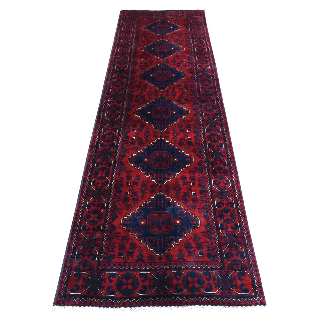 2'8"x9'6" Red Hand Knotted Afghan Khamyab Geometric Medallions Runner Rug (1 of 6)