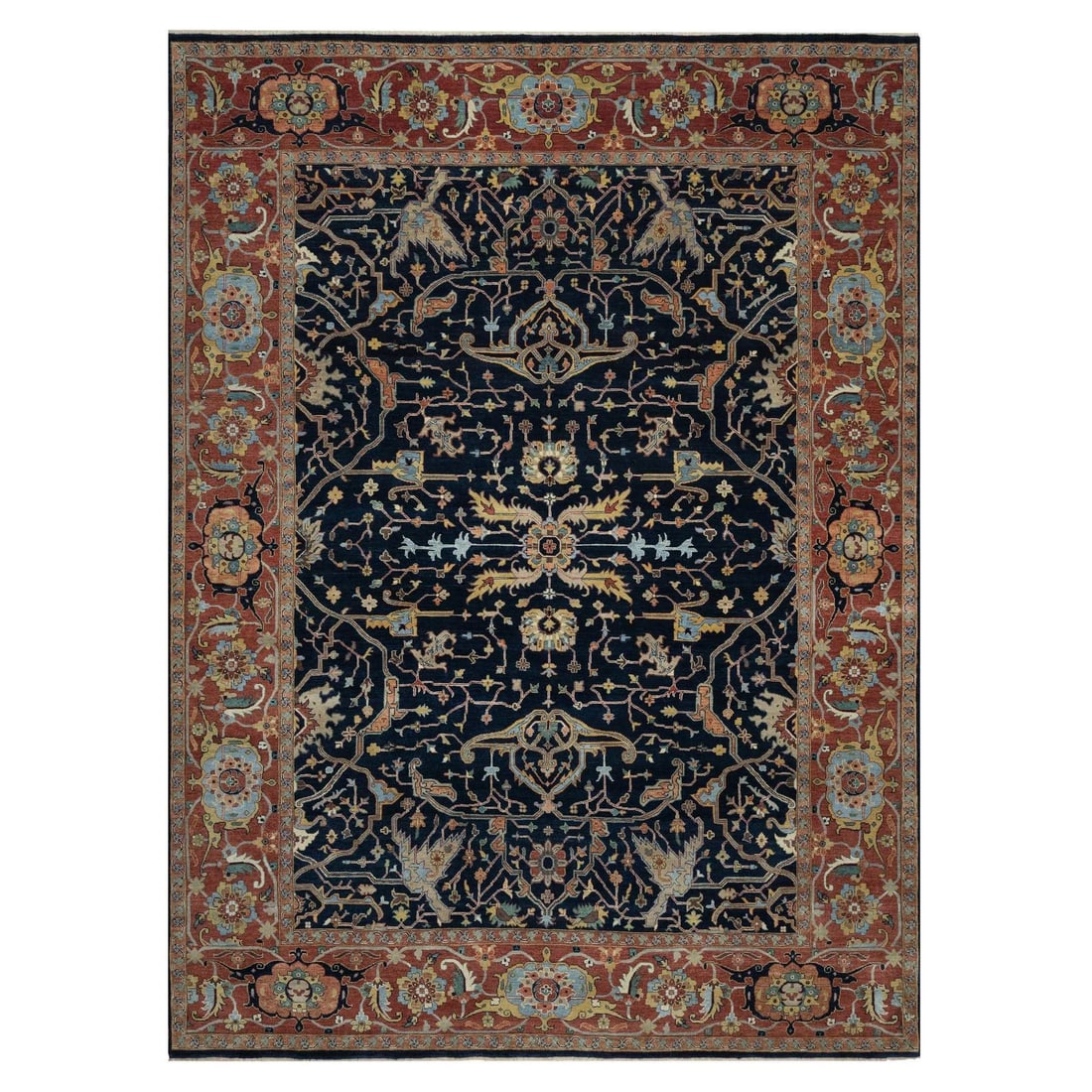 9'x12'2" Midnight Blue Antiqued Heris Re-Creation Hand Knotted Wool Rug (1 of 11)