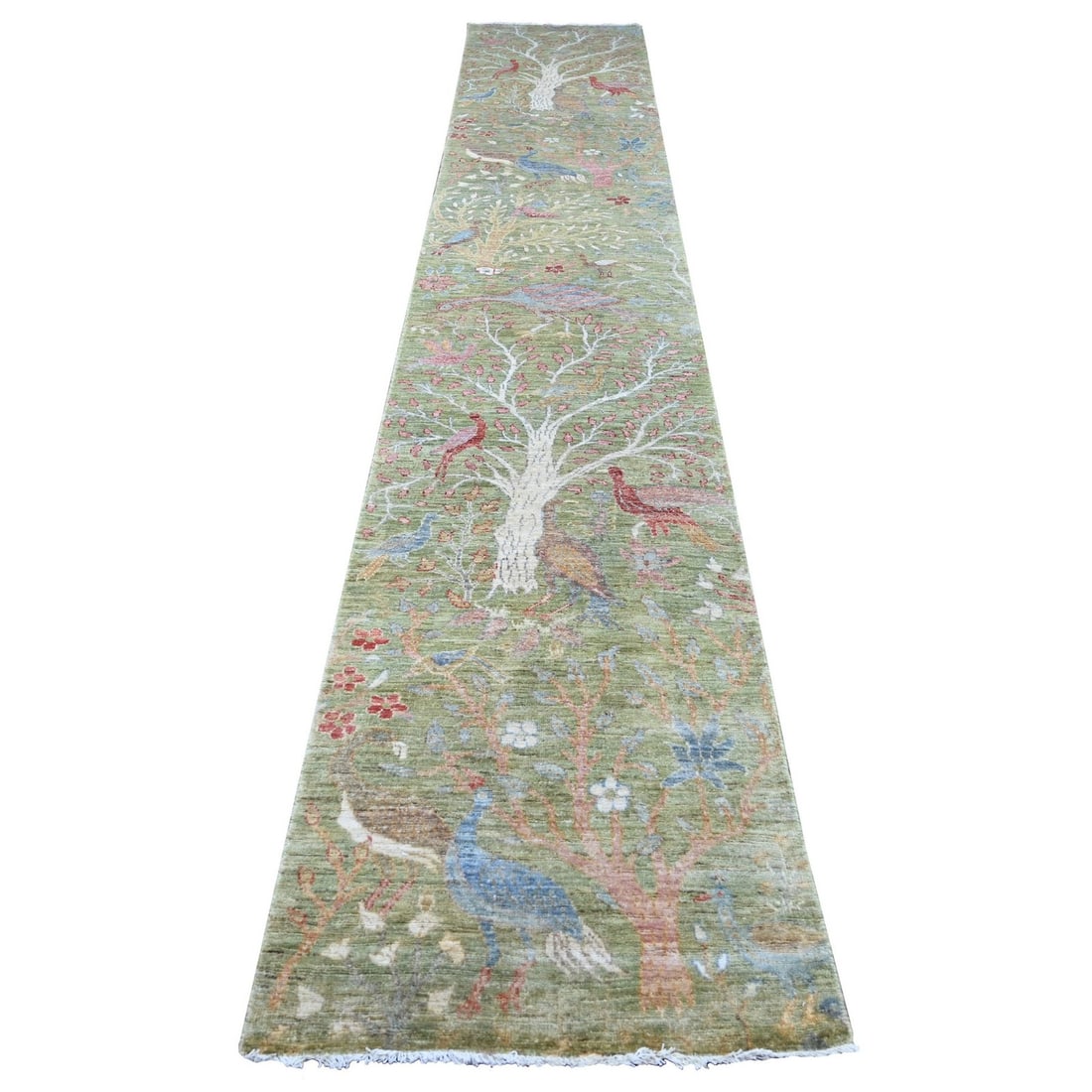 2'6"x15' Green Hand Knotted Peshawar Birds of Paradise Design Wool Runner: 2'6"x15' Green Hand Knotted Peshawar Birds of Paradise Design Wool Runner Experience the rich heritage of Afghanistan with this stunning 15' x 26" hand-knotted wool runner, featuring an exquisite