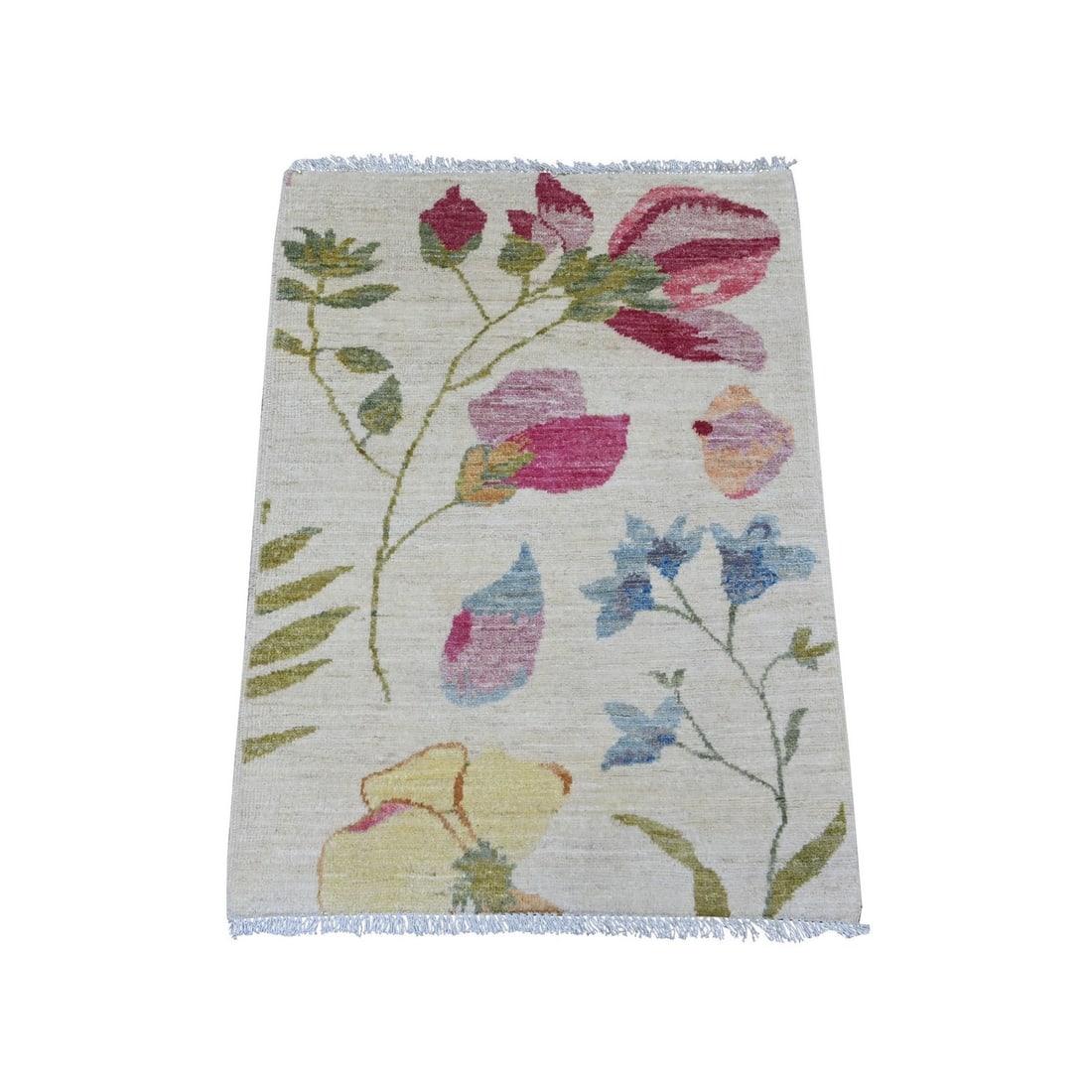 Ivory wool hand knotted mat rug from botanical garden design peshawar. (1 of 6)