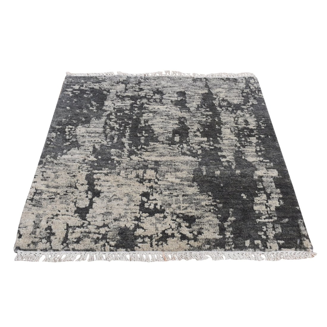 2'x2' Black Undyed Wool Hand Knotted Modern Abstract Sample Mat Rug: 2'x2' Black Undyed Wool Hand Knotted Modern Abstract Sample Mat Rug Experience the rich texture and timeless elegance of India's finest hand-knotted wool rug, expertly crafted in a modern abstract des