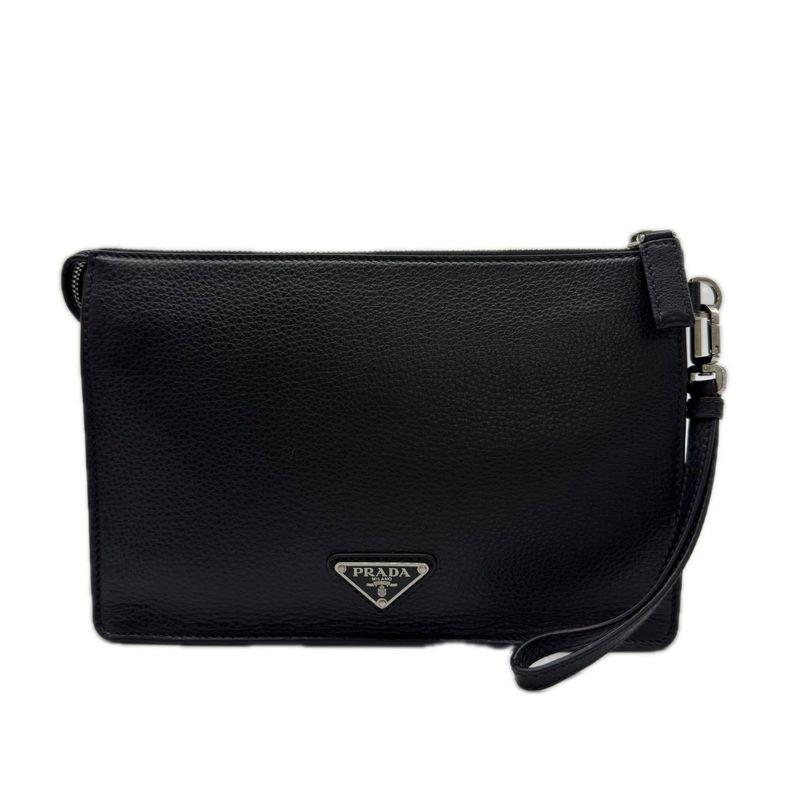 Prada Clutch Bag Leather: Prada Clutch Bag Leather A sleek and sophisticated Prada clutch bag, crafted from rich black calfskin leather, adds a touch of elegance to any evening outfit. With its classic design and sturdy zipper