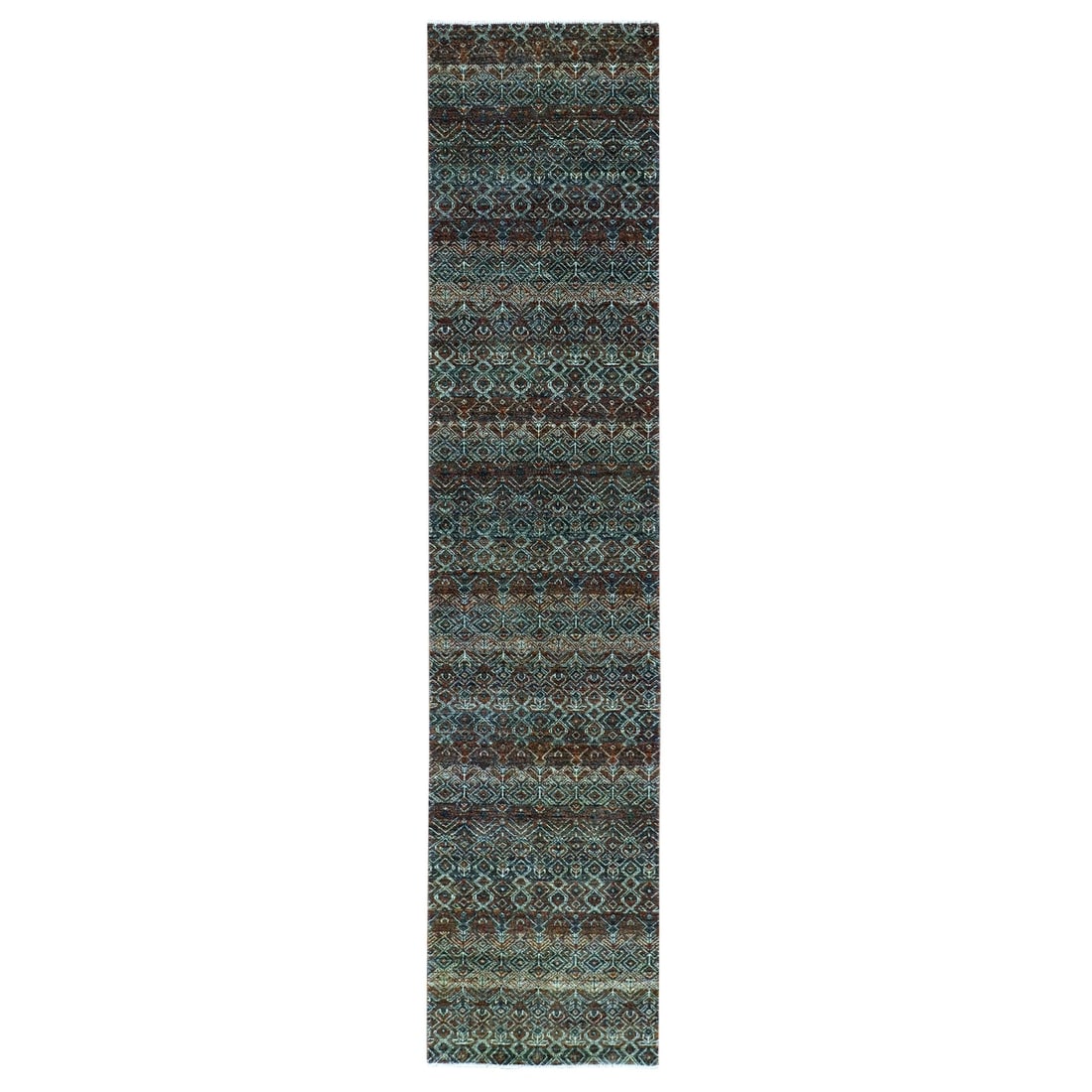 2'6"x12' Brown Hand Knotted Kohinoor Herrita Design 100% Wool Runner Rug: 2'6"x12' Brown Hand Knotted Kohinoor Herrita Design 100% Wool Runner Rug Experience the rich beauty of Indian craftsmanship with this stunning 100% wool Herrita design runner rug, hand-knotted in