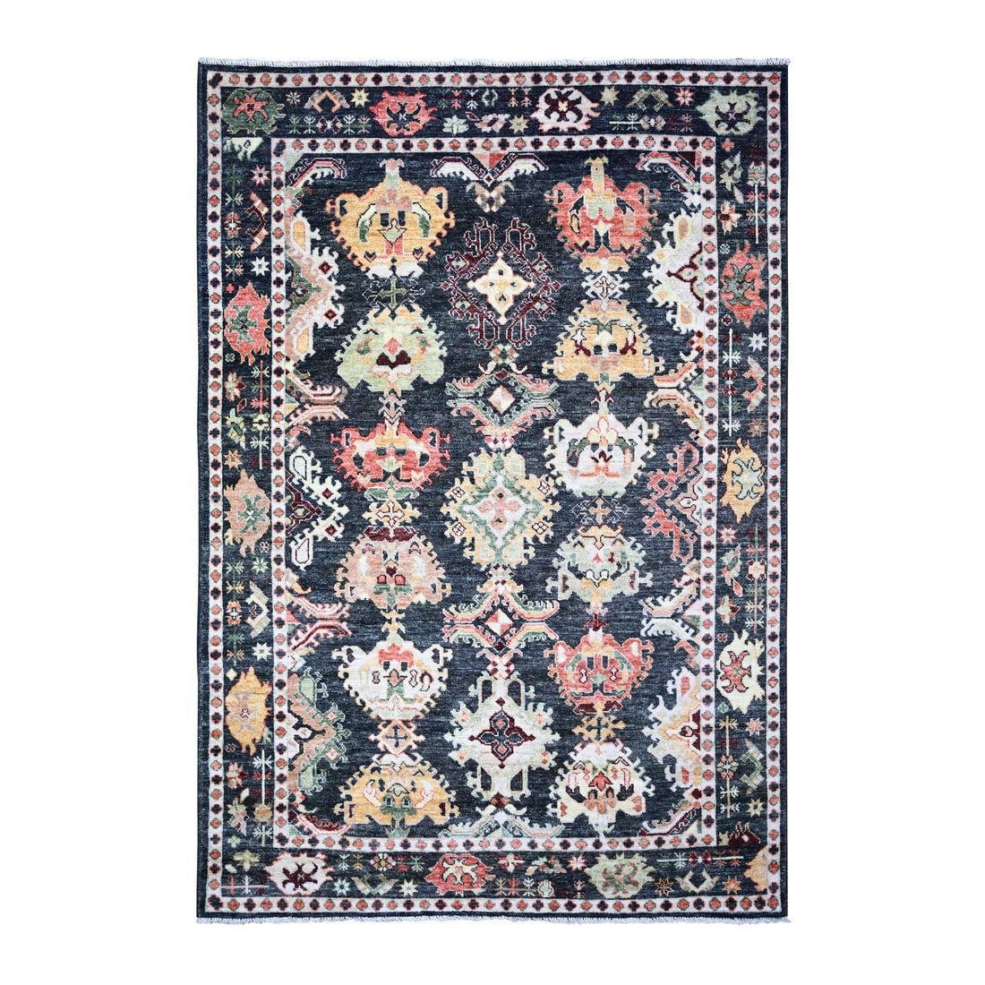 6'7"x9'5" Black Afghan Angora Oushak Pop of Color Wool Hand Knotted Rug: 6'7"x9'5" Black Afghan Angora Oushak Pop of Color Wool Hand Knotted Rug Experience the rich beauty of traditional Afghan craftsmanship with this stunning 6'7"x9'5" Oushak rug, expertly hand-knotted