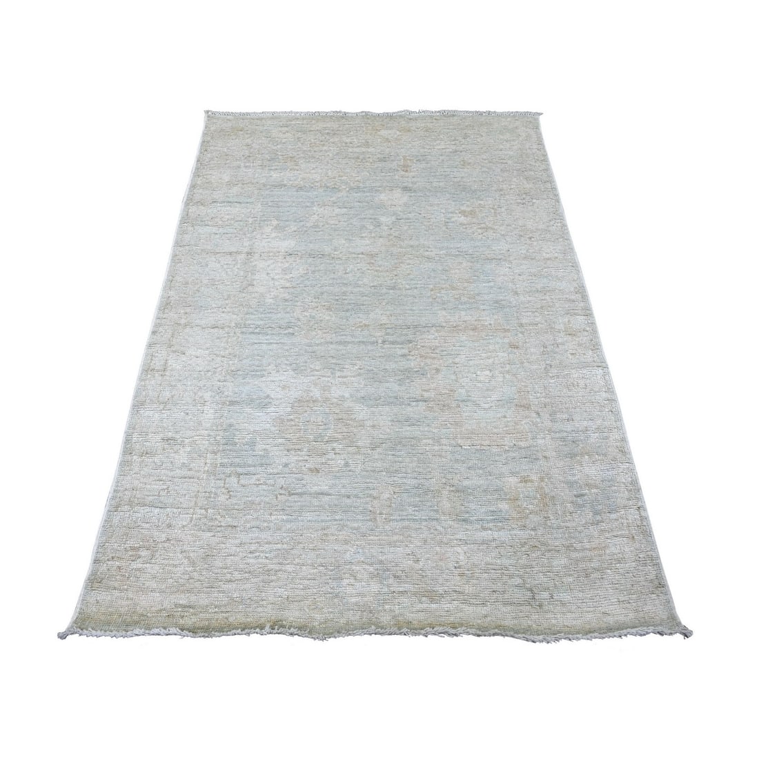 4'2"x5'10" Blue Afghan Angora Oushak Leaf Design Hand Knotted Wool Rug: 4'2"x5'10" Blue Afghan Angora Oushak Leaf Design Hand Knotted Wool Rug Experience the rich beauty of Afghan craftsmanship with this stunning Blue Afghan Angora Oushak Leaf Design Hand Knotted Wool