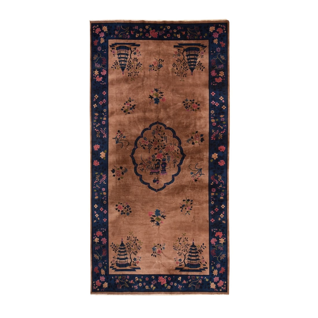 8'9"x17'3" Brown Antique Chinese Nichols Art Deco Wool Hand Knotted Soft XL: 8'9"x17'3" Brown Antique Chinese Nichols Art Deco Wool Hand Knotted Soft XL Experience the timeless elegance of a vintage Chinese art deco rug, expertly hand-knotted from rich brown wool in 1930s styl