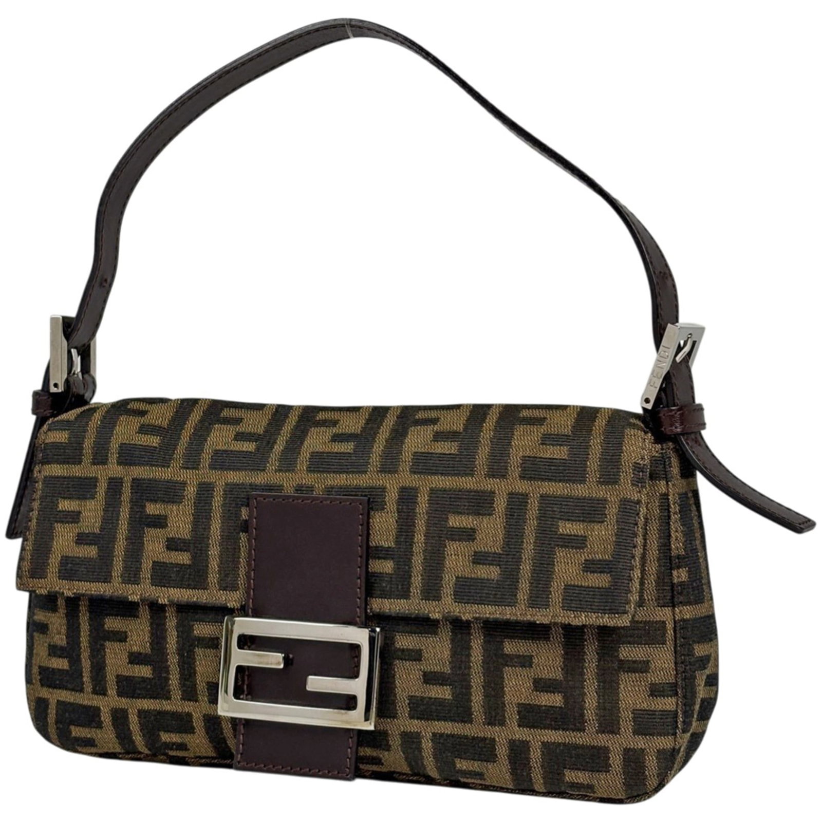 Fendi Canvas Leather Shoulder Bag: Fendi Canvas Leather Shoulder Bag A timeless Fendi shoulder bag, crafted from luxurious canvas and leather, boasts a classic brown hue that adds warmth to any outfit. With its spacious interior and co