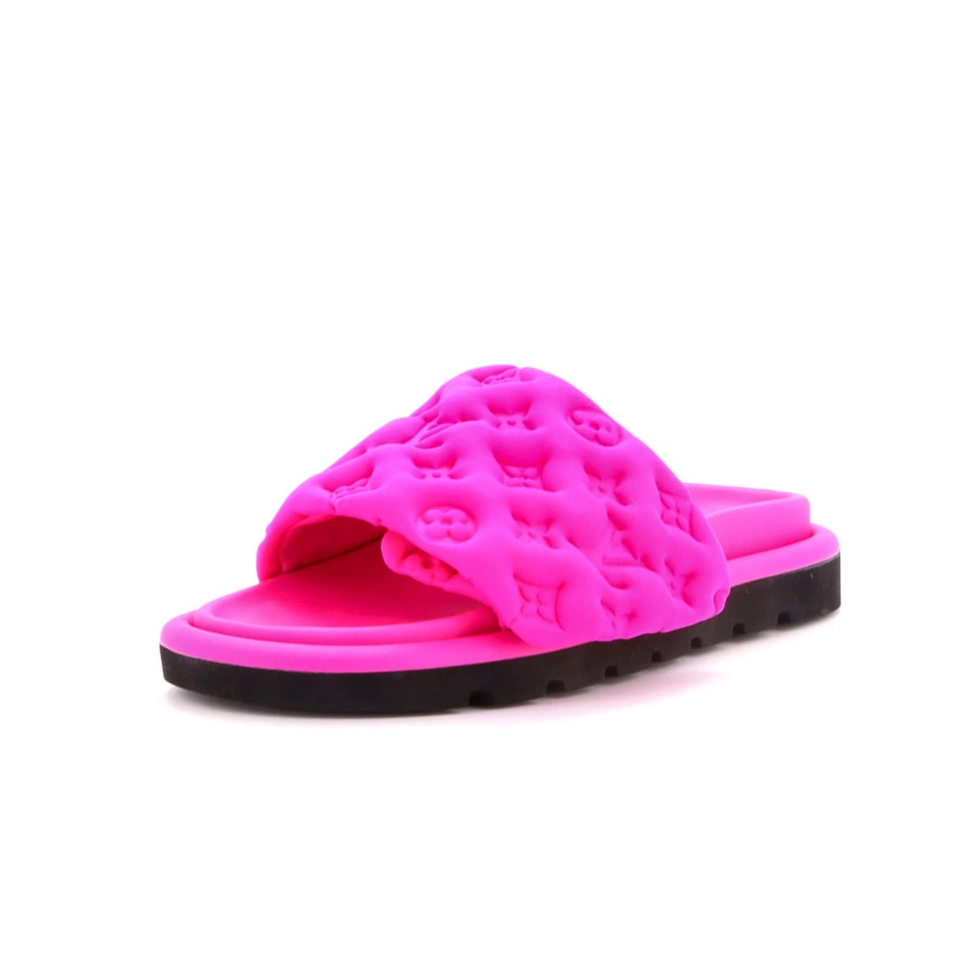 Louis Vuitton women's monogram puffer pool sandals with fabric comfort.: Louis Vuitton women's monogram puffer pool sandals with fabric comfort. Elevate your summer style with these luxurious Louis Vuitton women's monogram puffer pool sandals, boasting the iconic brand's