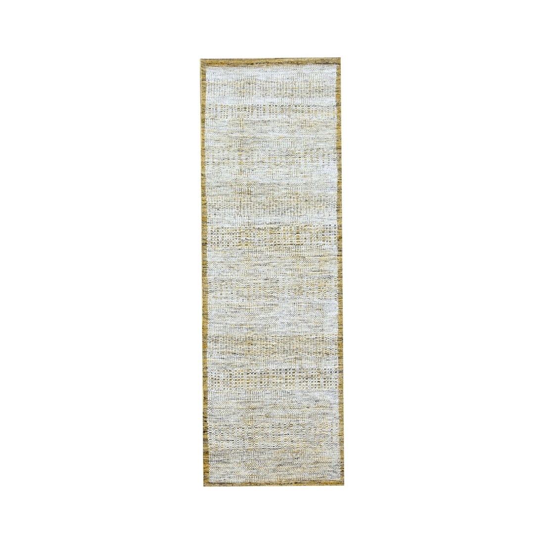 2'7"x8'2" White & Gold Hand Knotted Oxidized Grass Design Wool Runner Rug: 2'7"x8'2" White & Gold Hand Knotted Oxidized Grass Design Wool Runner Rug Experience the timeless beauty of Indian craftsmanship with this stunning white and gold hand-knotted wool runner rug,