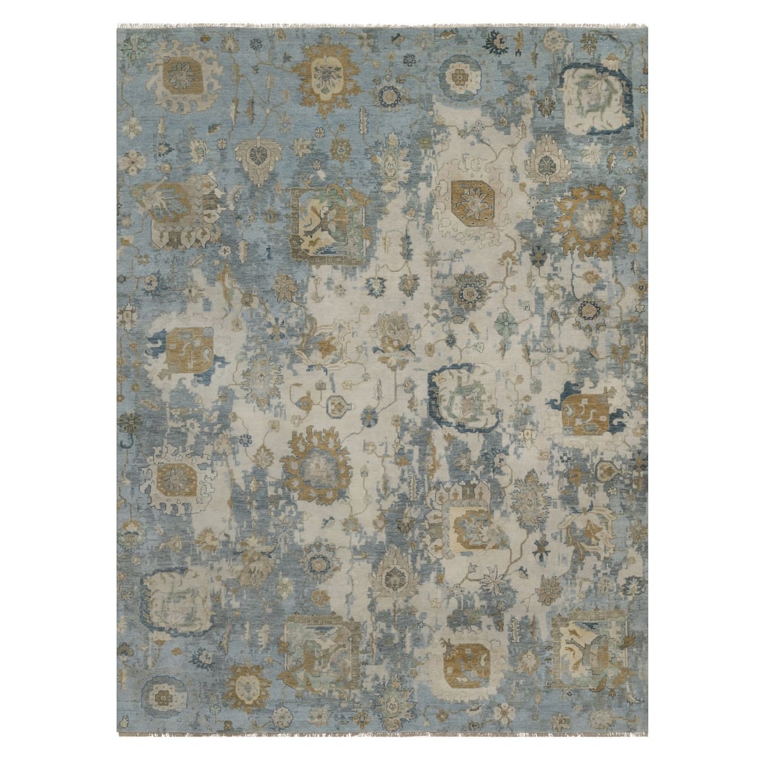 9'2"x12' Ivory Broken Pattern with Oushak Design Hand Knotted Wool Rug: 9'2"x12' Ivory Broken Pattern with Oushak Design Hand Knotted Wool Rug Experience the timeless beauty of India's rich cultural heritage with this stunning 9'2"x12' Oushak-style hand-knotted wool rug,