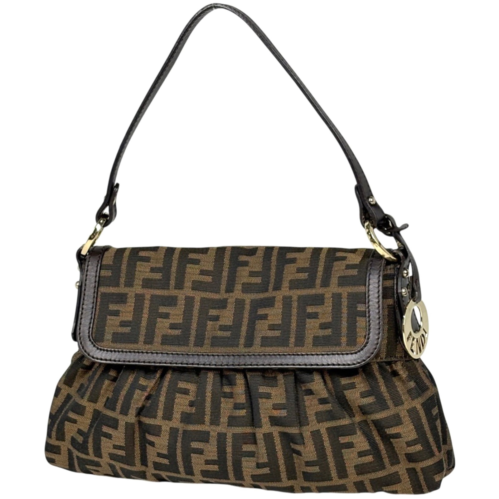 Fendi Canvas Leather Shoulder Bag: Fendi Canvas Leather Shoulder Bag A timeless Fendi shoulder bag, crafted from luxurious canvas and leather, boasts a classic brown hue that exudes effortless elegance. With its spacious interior and