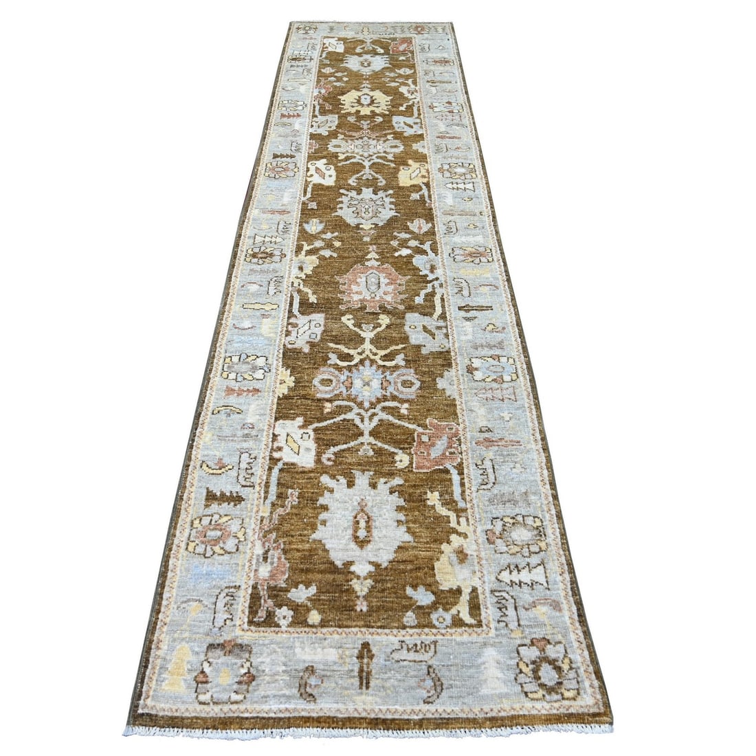 Brown Afghan Angora Oushak Leaf Design Hand Knotted Wool Runner Rug (1 of 6)