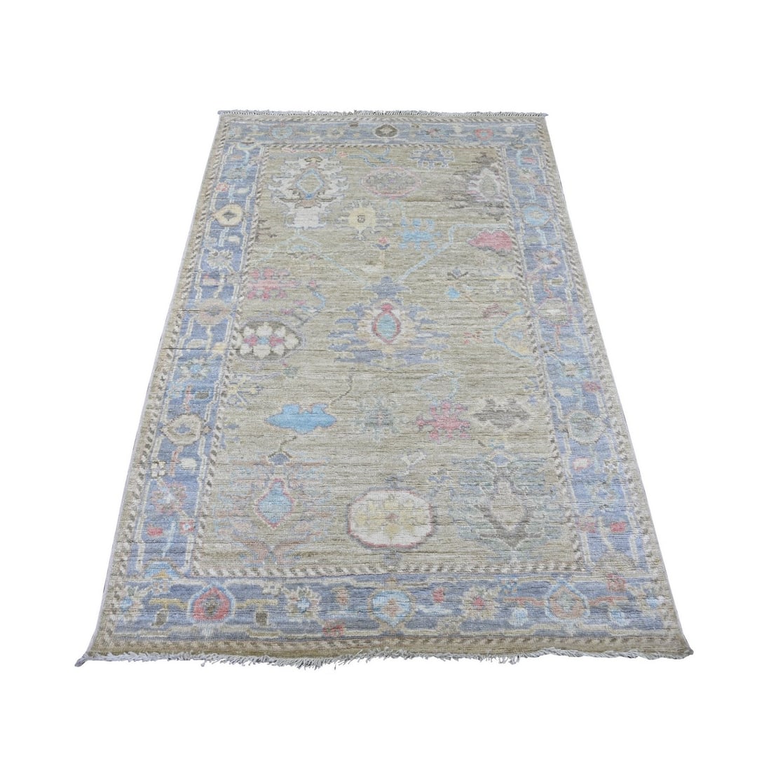 4'1"x6'1" Green Afghan Angora Oushak Leaf Design Hand Knotted Wool Rug (1 of 6)