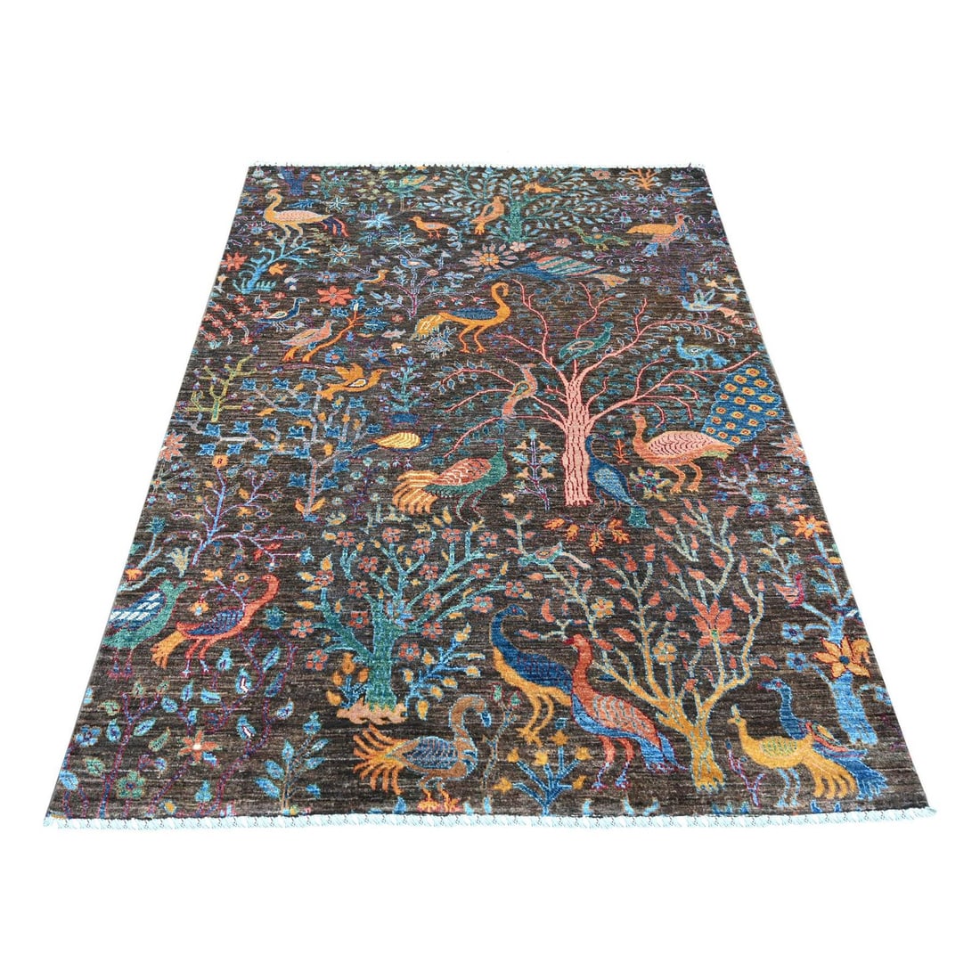 5'x6'7" Carob Brown Birds of Paradise Design Hand Knotted Soft Wool Rug: 5'x6'7" Carob Brown Birds of Paradise Design Hand Knotted Soft Wool Rug Experience the rich cultural heritage of Afghanistan with this stunning 5'x6'7" Peshawar-style hand-knotted wool rug, boasting a