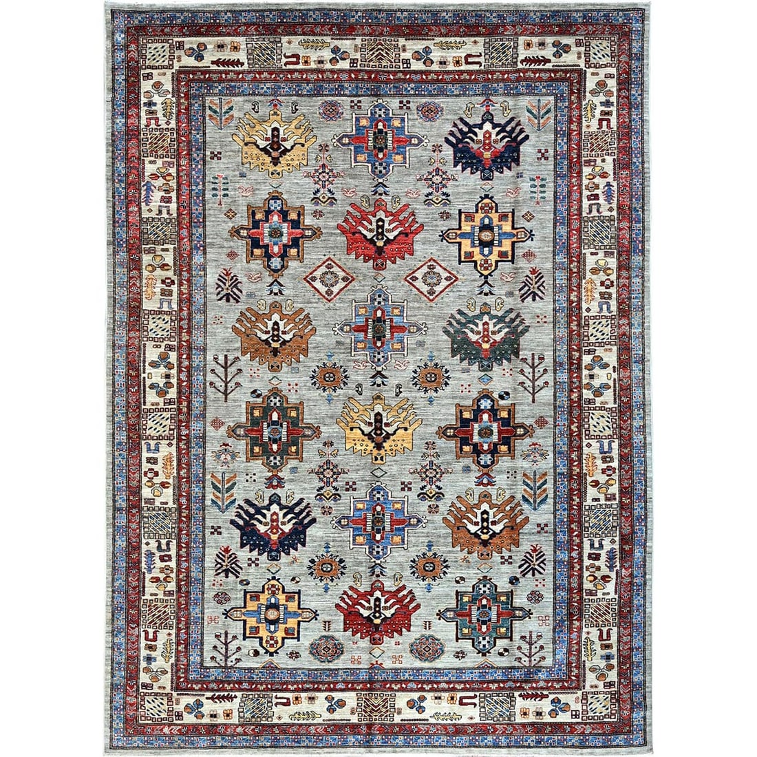 8'8"x11'9" Gray Super Kazak Tribal Medallions Soft Wool Hand Knotted Rug (1 of 12)