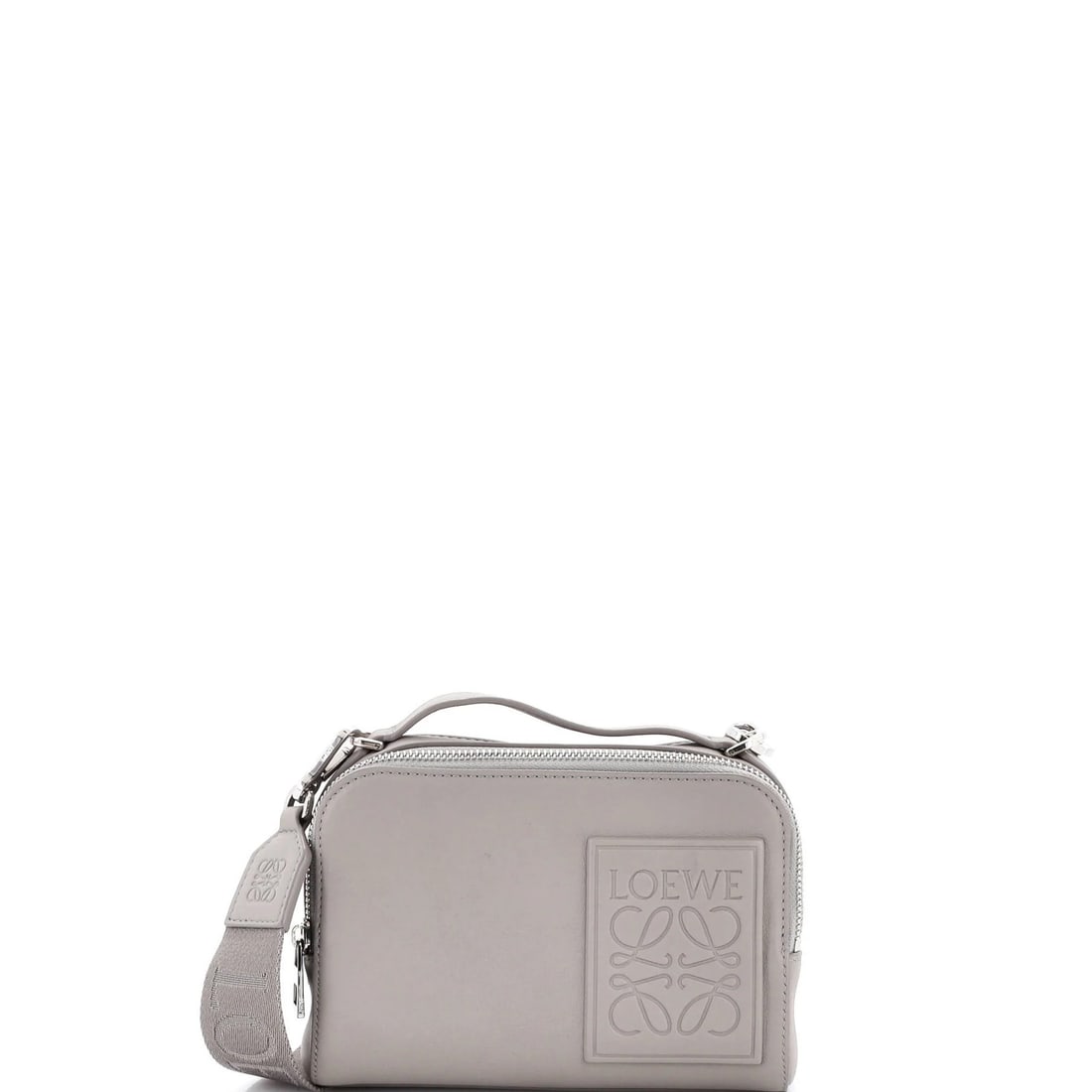 Loewe Mini Crossbody Camera Bag Leather: Loewe Mini Crossbody Camera Bag Leather Elevate your daily essentials with the stylish Loewe Mini Crossbody Camera Bag Leather, boasting sleek gray leather exterior and interior, silver hardware accen