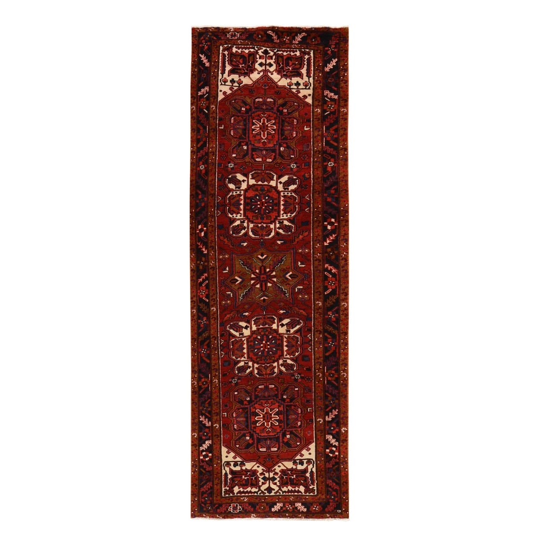 3'4"x10'9" Red Vintage Zoroastrian Heris Wool Hand Knotted Runner Rug (1 of 7)
