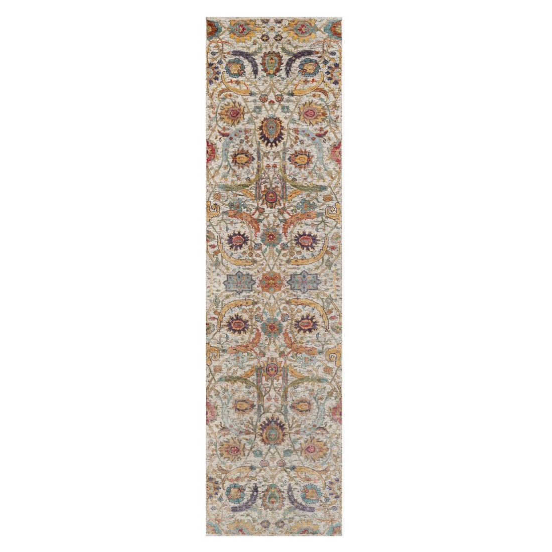 2'7"x10' Ivory Sickle Leaf Design Runner Rug Hand Knotted Silk with Wool (1 of 8)