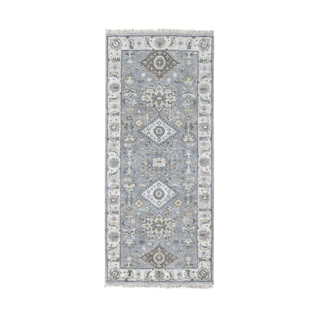 2'7"x6' Flannel Gray Karajeh Geometric Design Hand Knotted Shiny Wool Rug (1 of 8)