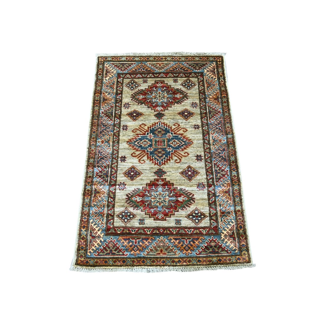 2'7"x4' Brown Afghan Super Kazak Medallions Design Hand Knotted Wool Rug: 2'7"x4' Brown Afghan Super Kazak Medallions Design Hand Knotted Wool Rug Experience the rich heritage of Afghanistan in this stunning 2'7"x4' Brown Afghan Super Kazak Medallions Design Hand Knotted