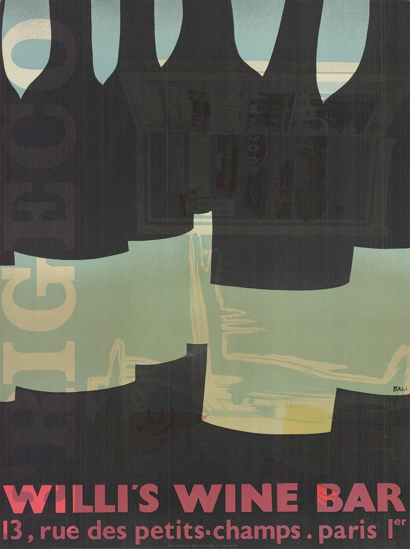 ALBERTO BALI Willi's Wine Bar (Misprint) 39" x 27.5" Lithograph 1982 Vintage Bla (1 of 4)