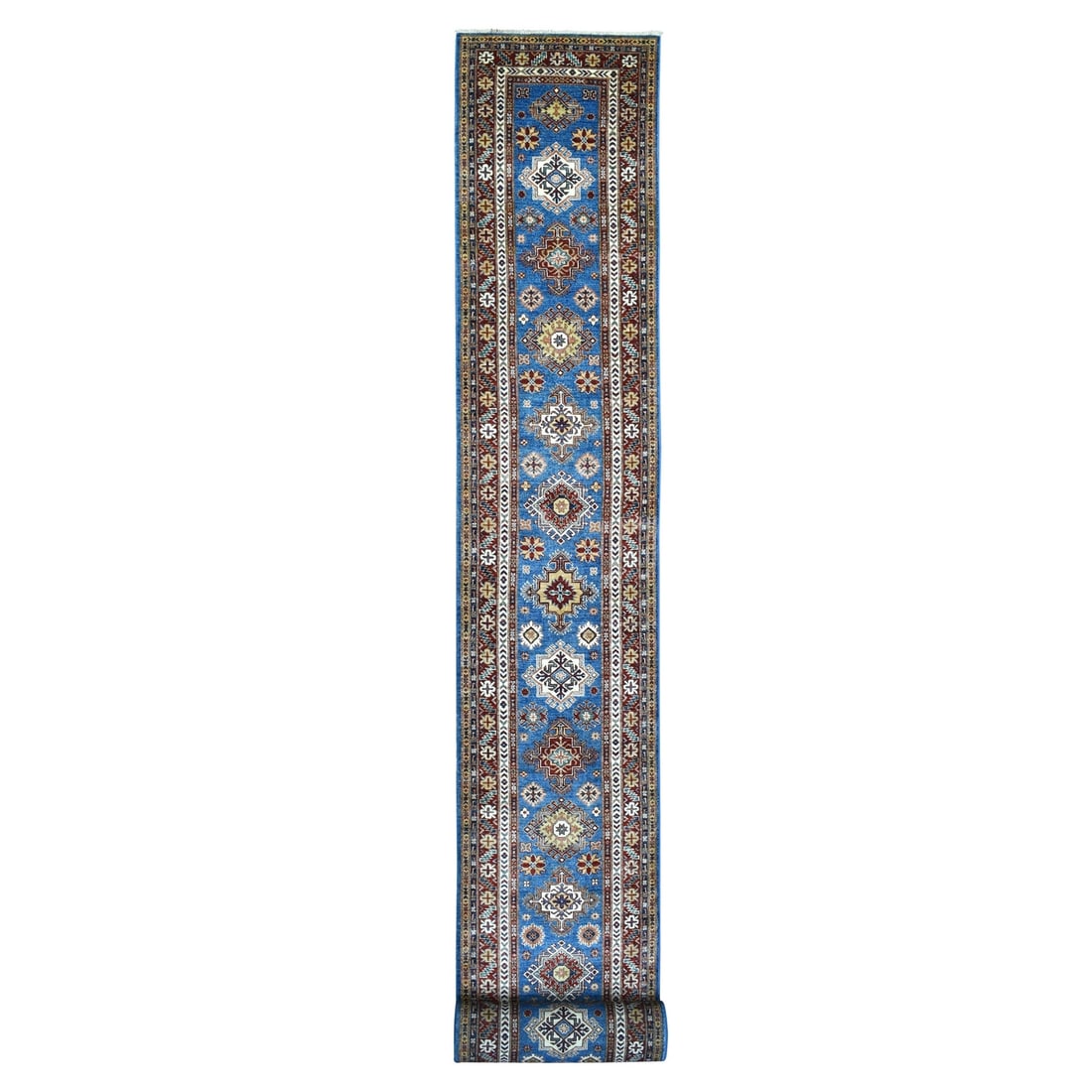 Super Kazak Hand Knotted XL Soft Wool Faded Blue Runner Rug: Super Kazak Hand Knotted XL Soft Wool Faded Blue Runner Rug Experience the timeless beauty of Afghan craftsmanship with this stunning, hand-knotted XL soft wool faded blue runner rug. Made from