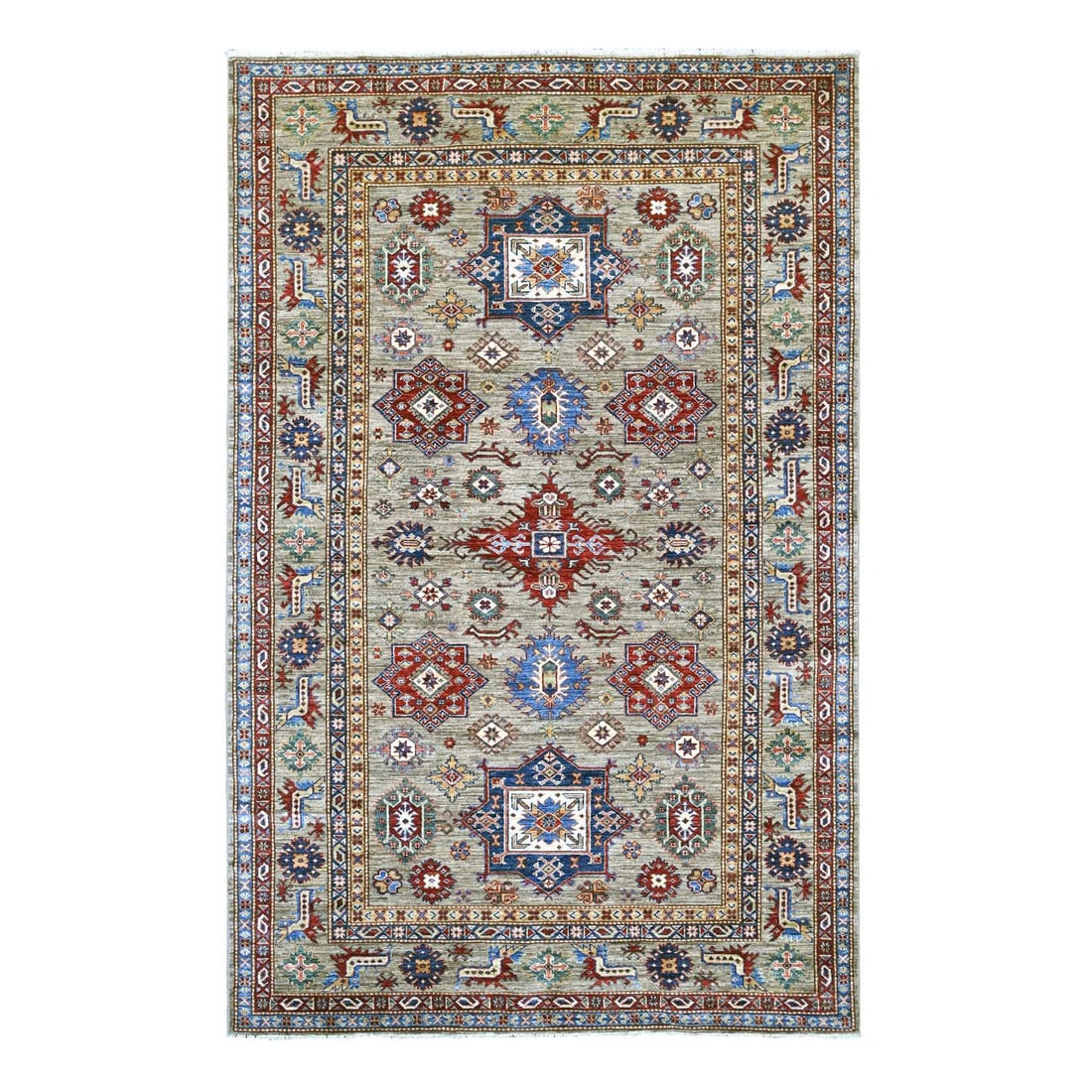 5'10"x9' Gray Afghan Super Kazak Medallions Design Hand Knotted Wool Rug (1 of 6)