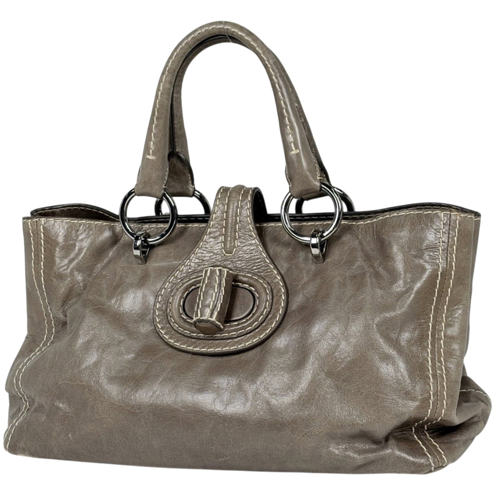 Prada Handbag Leather: Prada Handbag Leather A pre-owned Prada handbag in rich gray leather, offering a timeless and sophisticated touch to any outfit. With its classic design and high-quality material, this bag still