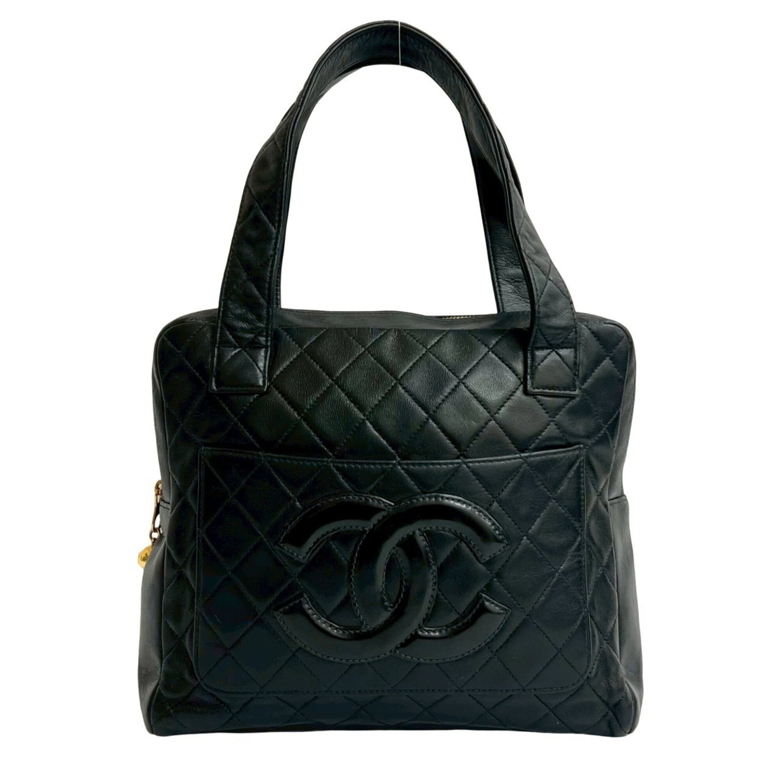 Chanel Leather Handbag: Chanel Leather Handbag A timeless Chanel lambskin handbag in sleek black leather, with its classic quilted design and signature interlocking CC clasp, adds an air of sophistication to any outfit.