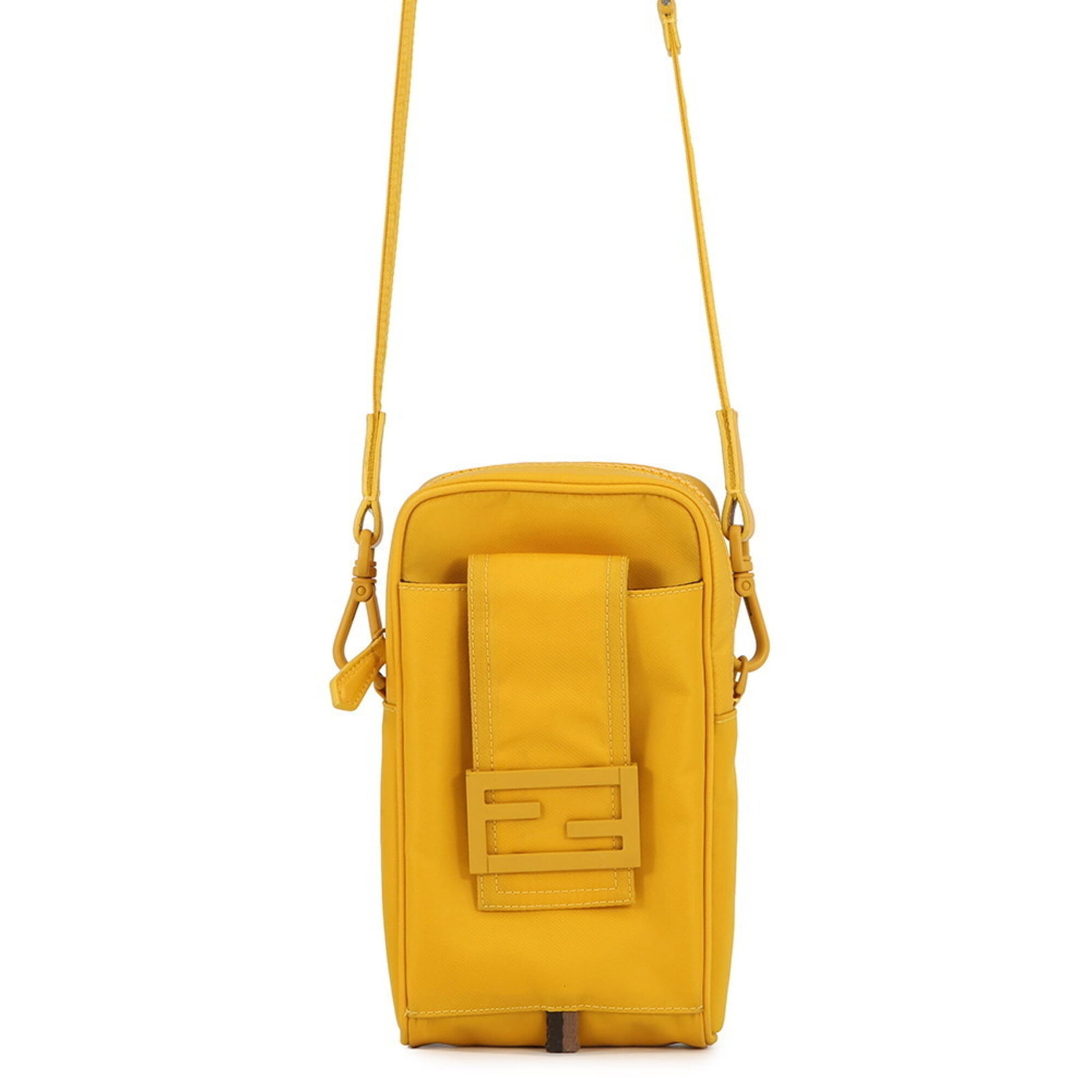 Fendi nylon shoulder pouch: Fendi nylon shoulder pouch A vibrant yellow Fendi nylon shoulder pouch, perfect for adding a pop of color to your daily essentials, boasts a sleek and modern design that exudes Italian style. With its