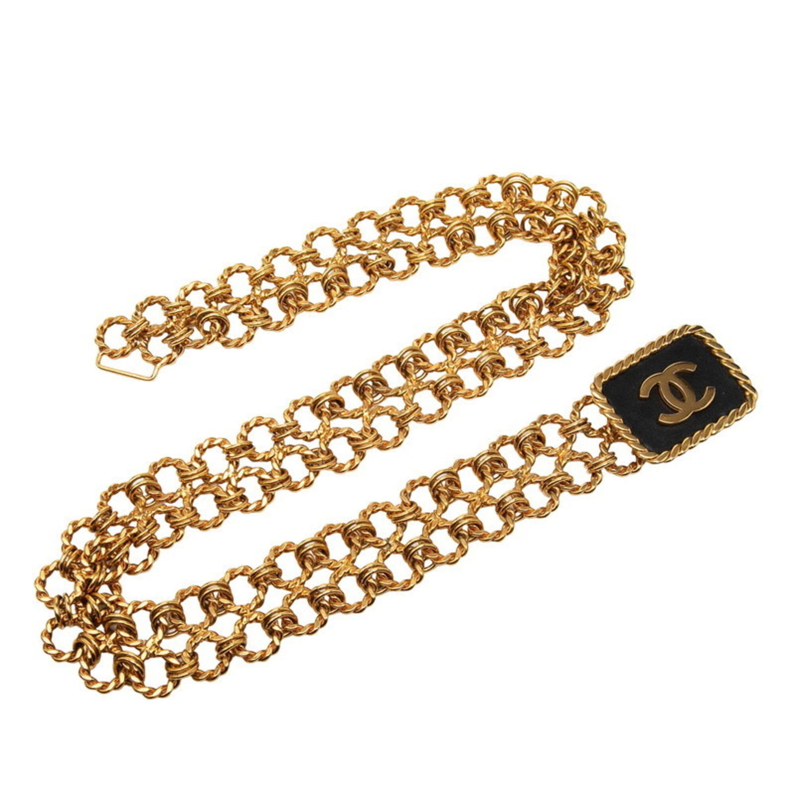 Chanel chain is a belt.: Chanel chain is a belt. A chic and timeless accessory, this Chanel chain belt adds an edgy touch to any outfit. With its sleek black finish and gold accents, it exudes luxury and sophistication.