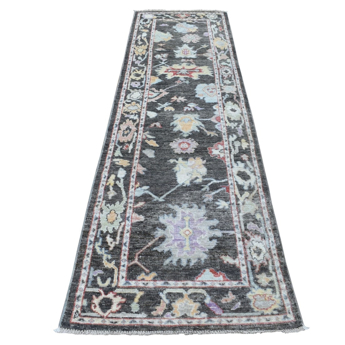 2'9"x9'9" Shiny Wool Hand Knotted Black Angora Oushak Oriental Runner Rug: 2'9"x9'9" Shiny Wool Hand Knotted Black Angora Oushak Oriental Runner Rug Experience the rich beauty of traditional Afghan craftsmanship with this stunning 2'9"x9'9" Shiny Wool Hand Knotted Black