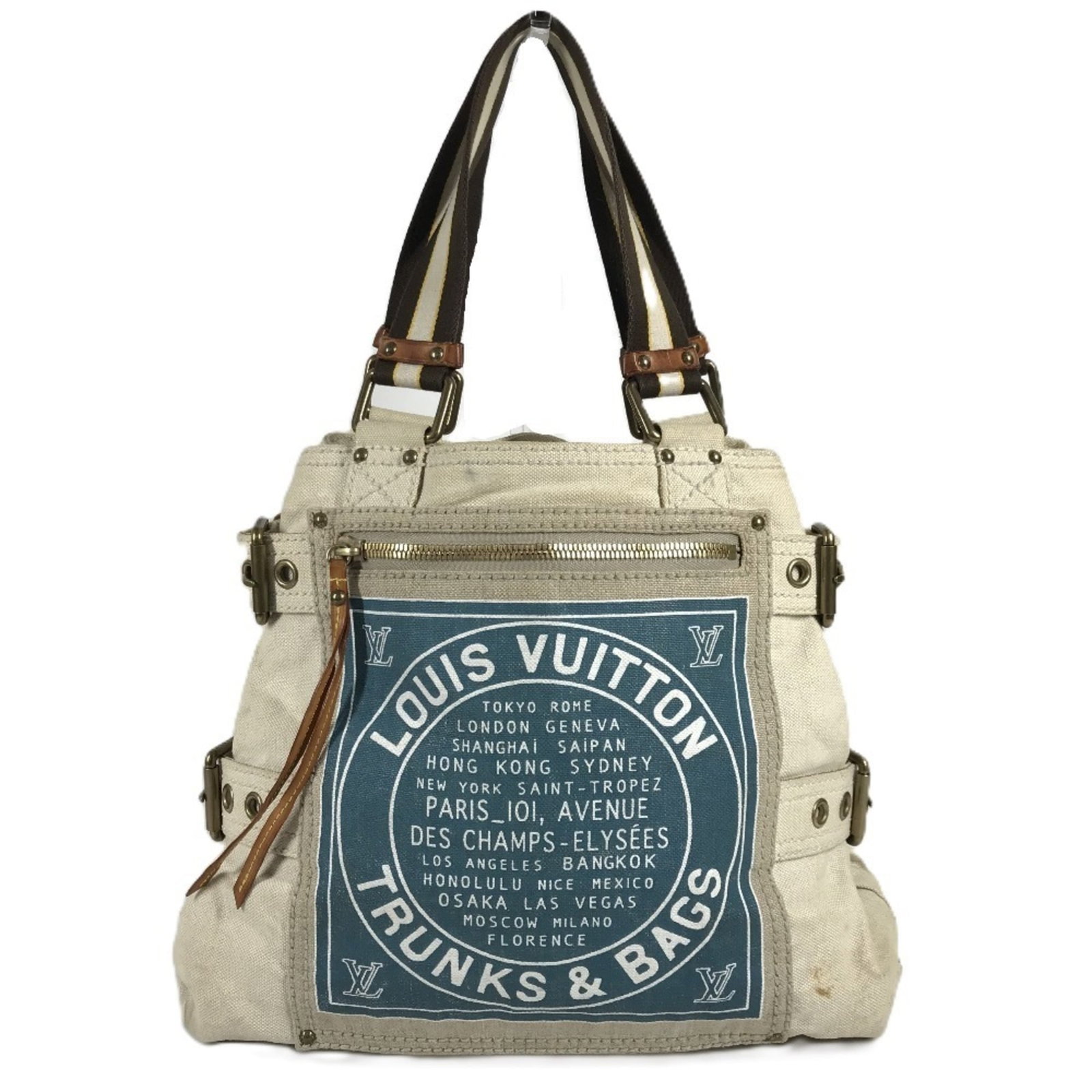 Leather canvas tote bag from Louis Vuitton: Leather canvas tote bag from Louis Vuitton A pre-owned Louis Vuitton leather canvas tote bag in a stunning blue and ivory colorway, boasting the iconic LV monogram pattern. With its classic shoulder s