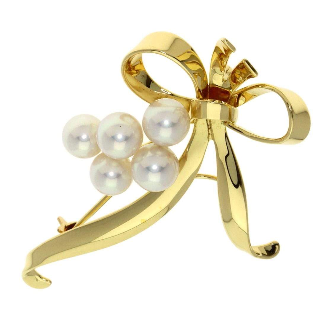 MIKIMOTO Pearl Ribbon Brooch K18 Yellow Gold: MIKIMOTO Pearl Ribbon Brooch K18 Yellow Gold Elevate your style with the exquisite MIKIMOTO Pearl Ribbon Brooch, crafted from 18k K18 yellow gold and adorned with luminous pearls. This stunning brooch