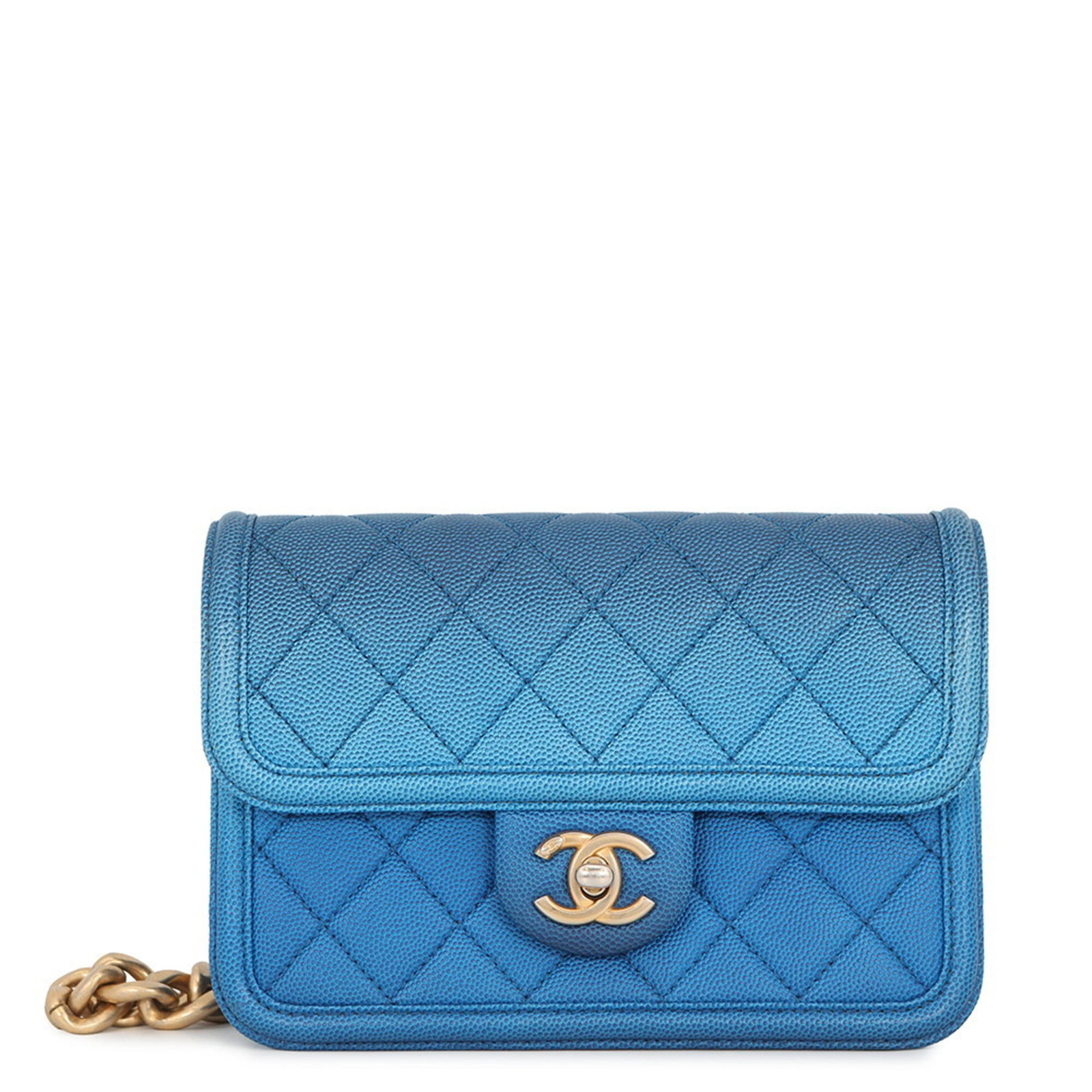 Chanel Handbag, Sling Bag Grained Calfskin: Chanel Handbag, Sling Bag Grained Calfskin A stunning Chanel sling bag in rich blue, crafted from supple grained calfskin that develops a beautiful patina with age. With its classic design and timeles