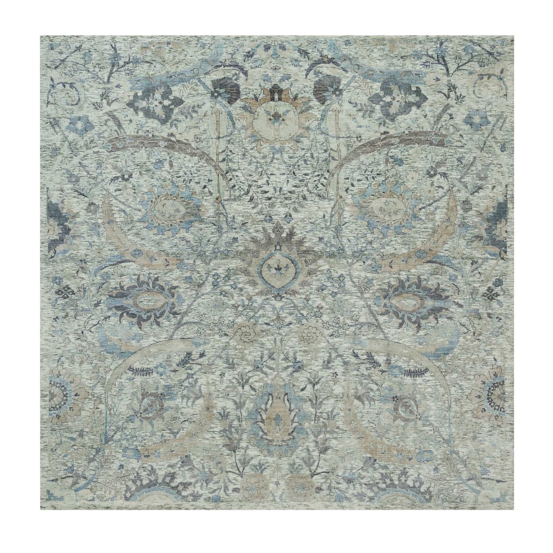 8'x8' Delicate White Sickle Leaf Hand Knotted Silk and Wool Square Rug: 8'x8' Delicate White Sickle Leaf Hand Knotted Silk and Wool Square Rug Elevate your space with the elegance of this exquisite 8'x8' hand-knotted silk and wool square rug, boasting a delicate white sic