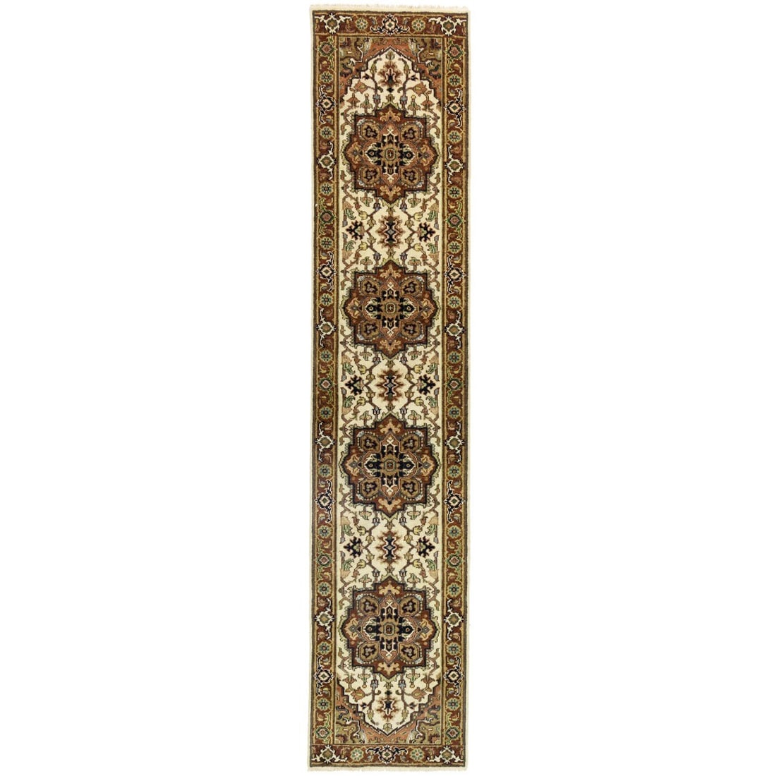 Handmade Heriz Serapi Cream Rust Geometric Wool Oriental Runner Rug 3X12 ft (1 of 20)