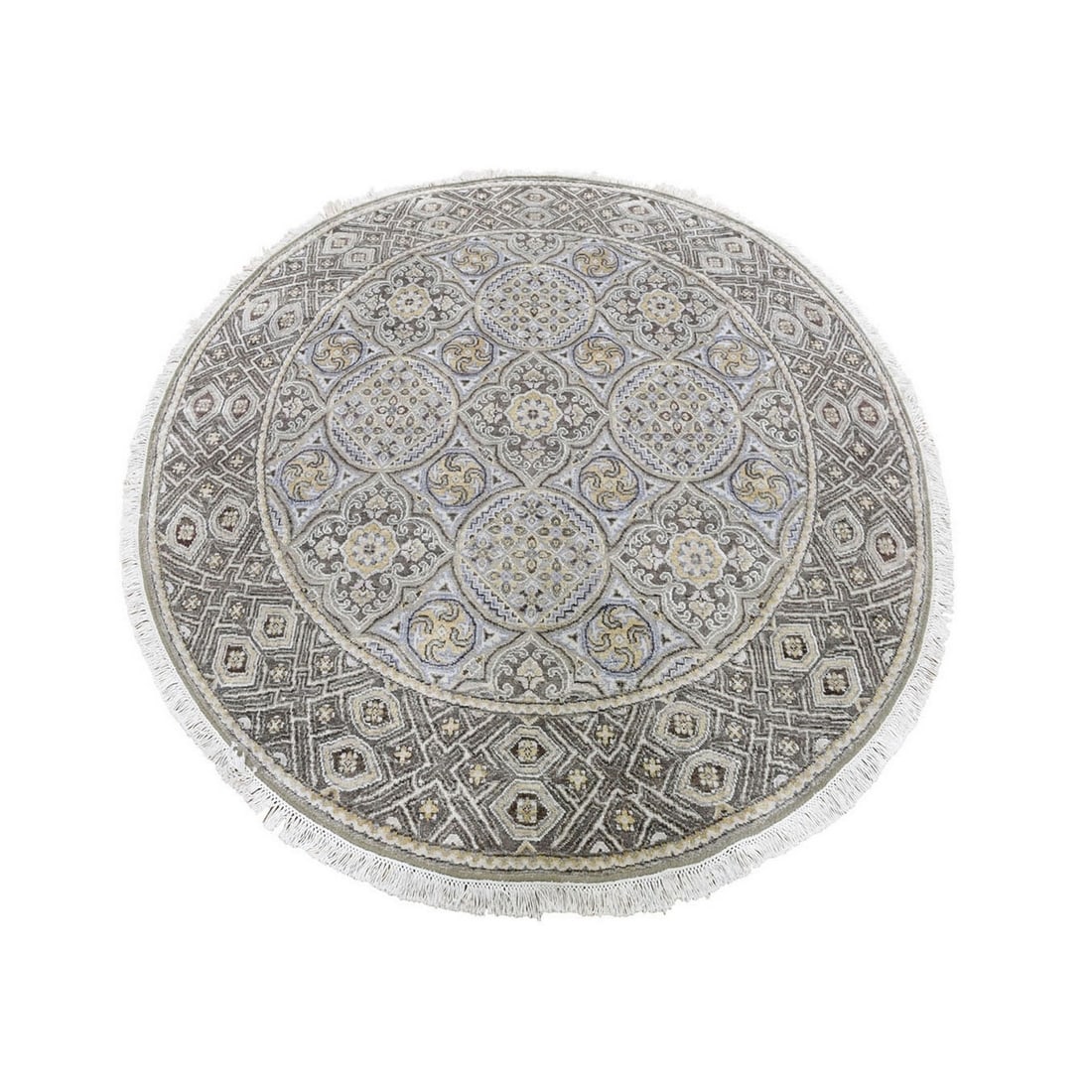 5'1"x5'1" Textured Wool and Silk Mughal Inspired Round Hand Knotted Rug: 5'1"x5'1" Textured Wool and Silk Mughal Inspired Round Hand Knotted Rug Experience the rich craftsmanship of India with this stunning 5'1"x5'1" hand-knotted rug, expertly woven from textured wool and