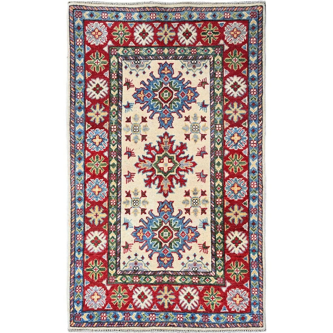 2'6"x4'1" Ivory Kazak Geometric Design Hand Knotted Soft Wool Mat Rug (1 of 7)