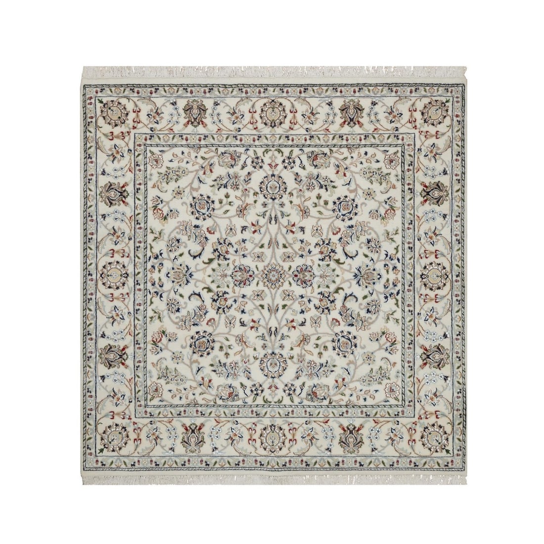 Ivory Nain Hand Knotted Wool and Silk Square Soft 5'2" Rug: Ivory Nain Hand Knotted Wool and Silk Square Soft 5'2" Rug Experience the timeless elegance of India's rich cultural heritage with this exquisite hand-knotted wool and silk square rug, expertly woven