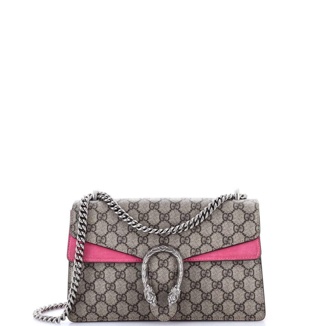 Gucci Small Dionysus Bag Coated Canvas: Gucci Small Dionysus Bag Coated Canvas The Gucci Small Dionysus Bag is a stylish and coveted accessory, boasting the iconic GG Coated Canvas design in two bold colors - pink and brown. With its sleek